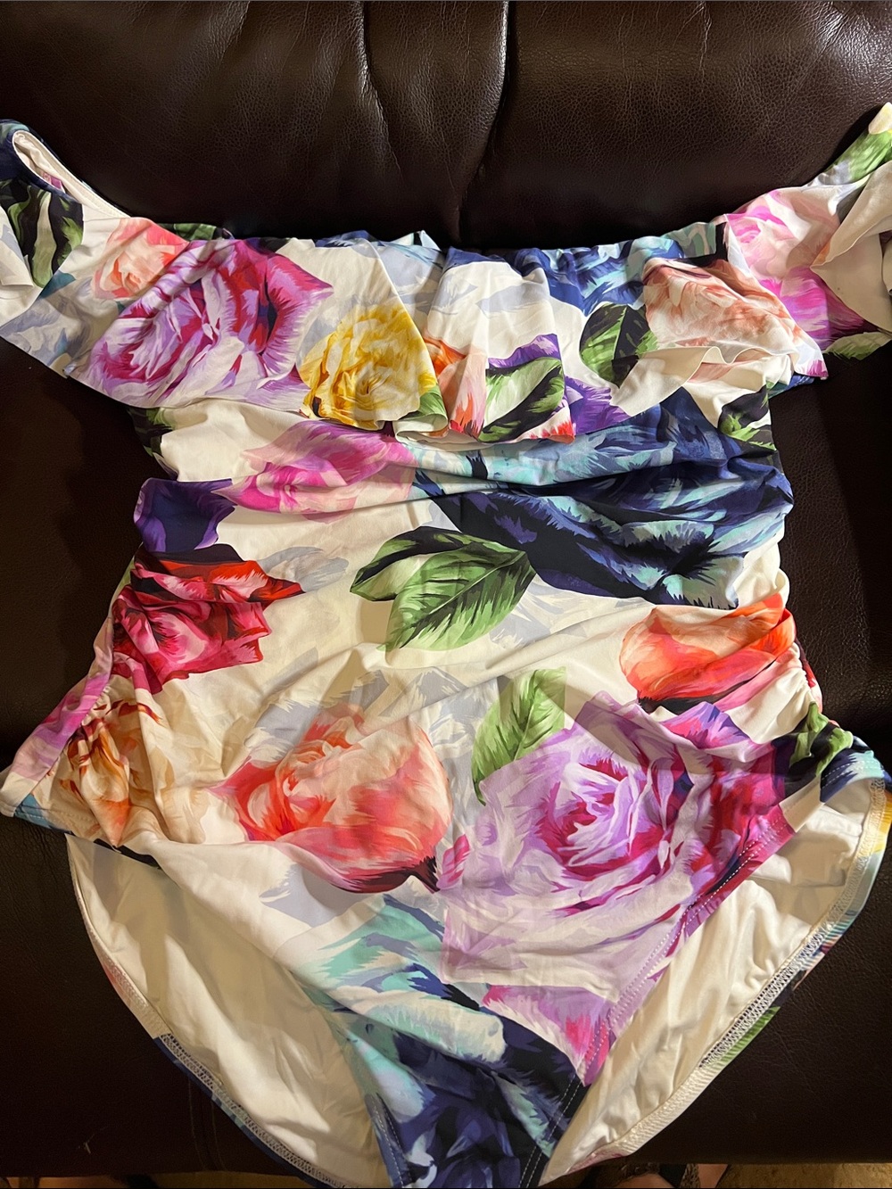 La Blanca Floral Off-Shoulder One-Piece Swimsuit in White with Multicolor Blooms